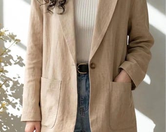 Blazer de lino extragrande para mujer, cárdigan minimalista de lino, chaqueta abotonada de corte recto, blazer informal de verano para mujer, chaqueta de corte holgado con bolsillos.