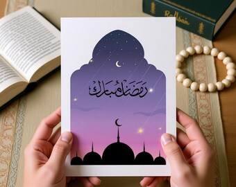 Ramadan Mubarak Card 2026 Printable Islamic Greeting Pastel Mosque Moon Digital Download