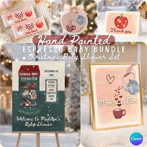 Puede incluir: Un conjunto de baby shower navideño pintado a mano con temas de espresso y barra de mimosa. Incluye etiquetas de regalo, tarjetas y un letrero de bienvenida con el texto "Espresso Baby Bundle" y "Christmas Baby Shower Set".