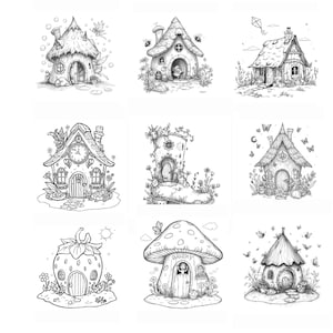 Op de afbeelding: Negen grillige zwart-wit illustraties van feeënhuizen en woningen. De ontwerpen omvatten een paddenstoelenhuis, een aardbeienhuis, een boothuis en diverse huizen in cottage-stijl met ingewikkelde details en bloemaccenten.