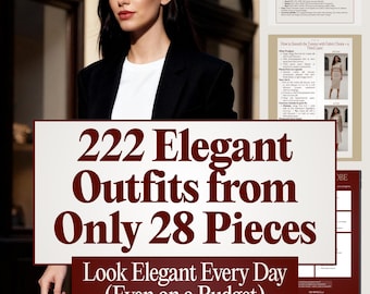 May include: A woman in a black blazer and light blue jeans, carrying a black handbag. The image features text: "222 Elegant Outfits from Only 28 Pieces" and "Look Elegant Every Day (Even on a Budget)".
