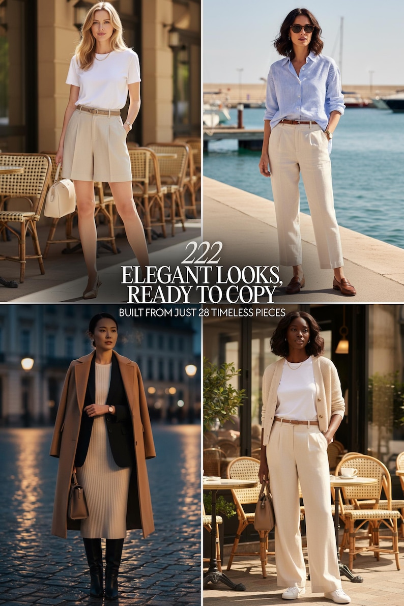 Op de afbeelding: Vier afbeeldingen met elegante outfits. De outfits omvatten witte t-shirts, beige shorts, broeken en jassen. De tekst in de afbeelding luidt: "222 Elegante looks, klaar om te kopi&euml;ren, gebouwd van slechts 28 tijdloze stukken."
