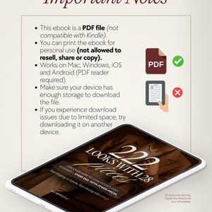 Op de afbeelding: Een digitaal ebook getiteld "222 Looks With 28 Pieces" weergegeven op een tablet. De ebook-cover bevat tekst en een afbeelding van kleding. De afbeelding bevat ook compatibiliteitsnotities, een PDF-pictogram en een vinkje.