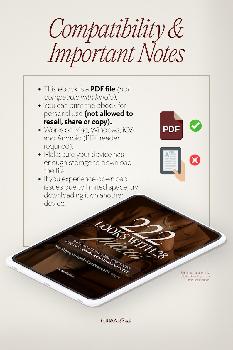 Op de afbeelding: Een digitaal ebook getiteld "222 Looks With 28 Pieces" weergegeven op een tablet. De ebook-cover bevat tekst en een afbeelding van kleding. De afbeelding bevat ook compatibiliteitsnotities, een PDF-pictogram en een vinkje.