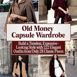 以下が含まれることがあります： 4つのエレガントな服装の画像コラージュ。「Old Money Capsule Wardrobe」のテキストが表示されています。服装には、茶色のケープ、バーガンディのケープ、キャメルコート、白いパンツの茶色のコートが含まれています。
