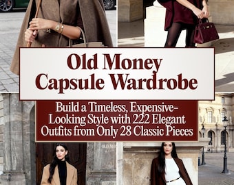 Könnte beinhalten: Bild, das ein Capsule-Wardrobe-Konzept mit mehreren Outfits zeigt. Der Text "Old Money Capsule Wardrobe" ist zu sehen. Die Outfits umfassen einen braunen Umhang, einen bordeauxroten Umhang, einen Kamelmantel und einen langen braunen Mantel. Das Bild wirbt für einen eleganten Stil.