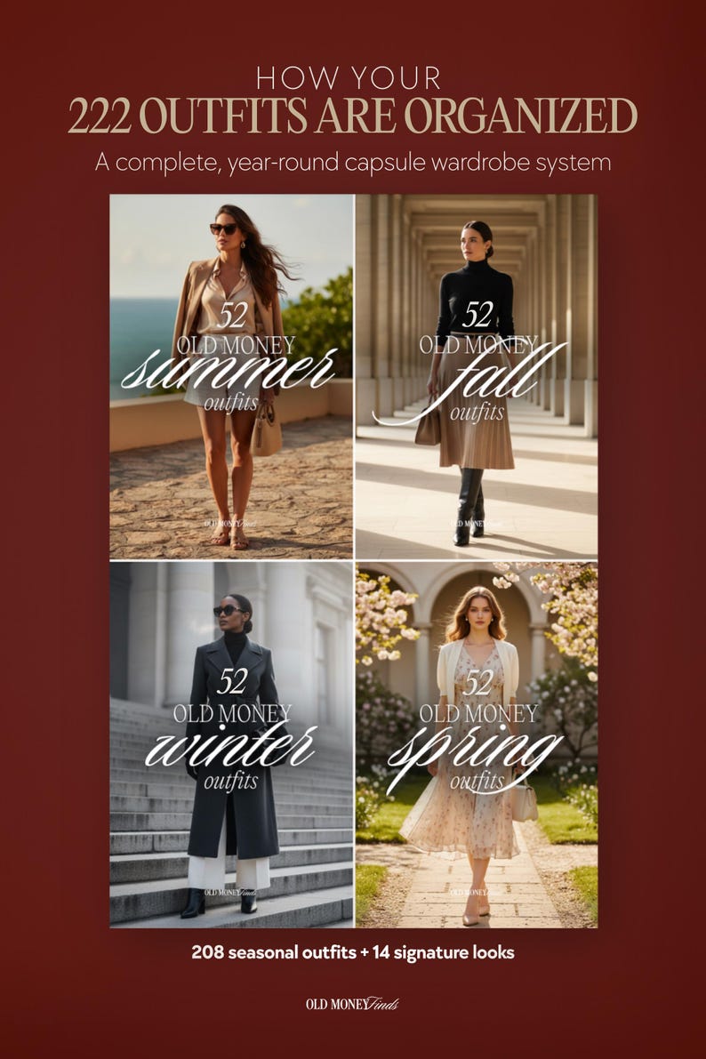 Op de afbeelding: Een advertentie voor een capsule garderobesysteem. De afbeelding is verdeeld in vier secties, die elk een seizoen vertegenwoordigen: zomer, herfst, winter en lente. Elke sectie toont een vrouw die een outfit modelleert. Tekst bevat "222 Outfits Are Organized."