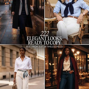 Op de afbeelding: Vier afbeeldingen met elegante outfits. De outfits omvatten een zwarte jas, een blauw gestreept overhemd met een witte broek, een wit overhemd met een cr&egrave;mekleurige broek en een bordeauxrode jas met een donkerblauwe jeans. Tekst luidt: "222 Elegant Looks, Ready to Copy."