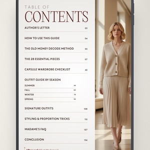 Op de afbeelding: Een digitale tablet toont de inhoudsopgave van een modegids, met secties over essenti&euml;le stukken en seizoensgebonden outfits. De tekst "What's included" staat bovenaan. Een vrouw in een beige vest en geplooide rok staat in de buurt.