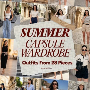 Pode incluir: Um colagem de vários trajes de verão com calções, saias, calças, tops e camisas em tons neutros. Uma nota central exibe o texto SUMMER CAPSULE WARDROBE Outfits From 28 Pieces OLD MONEY FINDS.