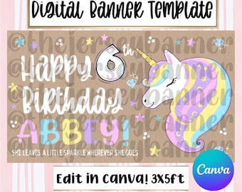 Unicorn Rainbow Birthday Banner | Editable Canva Template | 35x60 Inches DIY Sign or Backdrop | Instant Digital Download
