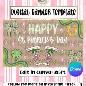 Może przedstawiać: Cyfrowy szablon banera na Dzień Świętego Patryka, z zielonym napisem "HAPPY St. Patrick's Day", koniczynami, kokardkami i kieliszkami do martini. Baner ma wymiary 91 cm x 152 cm i można go edytować w Canva.