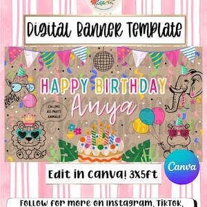 Può includere: Modello di banner digitale con sfondo a righe rosa e bianche. Il banner presenta il testo "Happy Birthday Anya" con illustrazioni colorate di animali, palloncini e una torta. Il banner misura 91 cm x 152 cm e può essere modificato in Canva.
