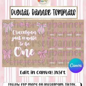 Può includere: Un modello di banner digitale con sfondo marrone, fiocchi rosa e il testo bianco Gracelynn just wants to be One. Include dodici cornici rettangolari per foto etichettate da 1 month a 12 months. Il banner misura 91,44 x 152,4 cm.