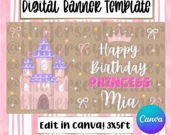 Può includere: Modello di banner digitale con sfondo rosa e marrone. Il banner presenta un castello viola, le parole "Buon Compleanno Principessa Mia" e il testo "Modifica in Canva! 91cm x 152cm."