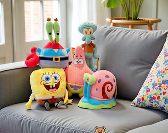 SpongeBob and Friends Plush - Bikini Bottom Characters: Patrick Star, Squidward Tentacles, Mr. Krabs and Gary with adhesive suction cup