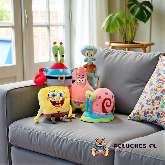 Peluche Bob Esponja y Amigos - Personajes Fondo de Bikini: Patricio, Calamardo, Don Cangrejo y Gary con ventosa adhesiva