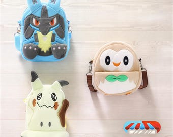 Pokémon Plush Crossbody Bags (20cm) - Lucario, Mimikyu and Rowlet Small Backpack - Kawaii Anime Shoulder Bag