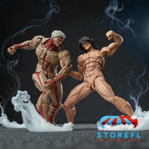 Può includere: Due action figure di umanoidi muscolosi in posa da battaglia. Una figura ha la pelle abbronzata, i capelli neri e flette il braccio. L'altra figura ha la pelle abbronzata, i capelli bianchi ed è in posizione difensiva. Effetti di fumo bianco in primo piano.
