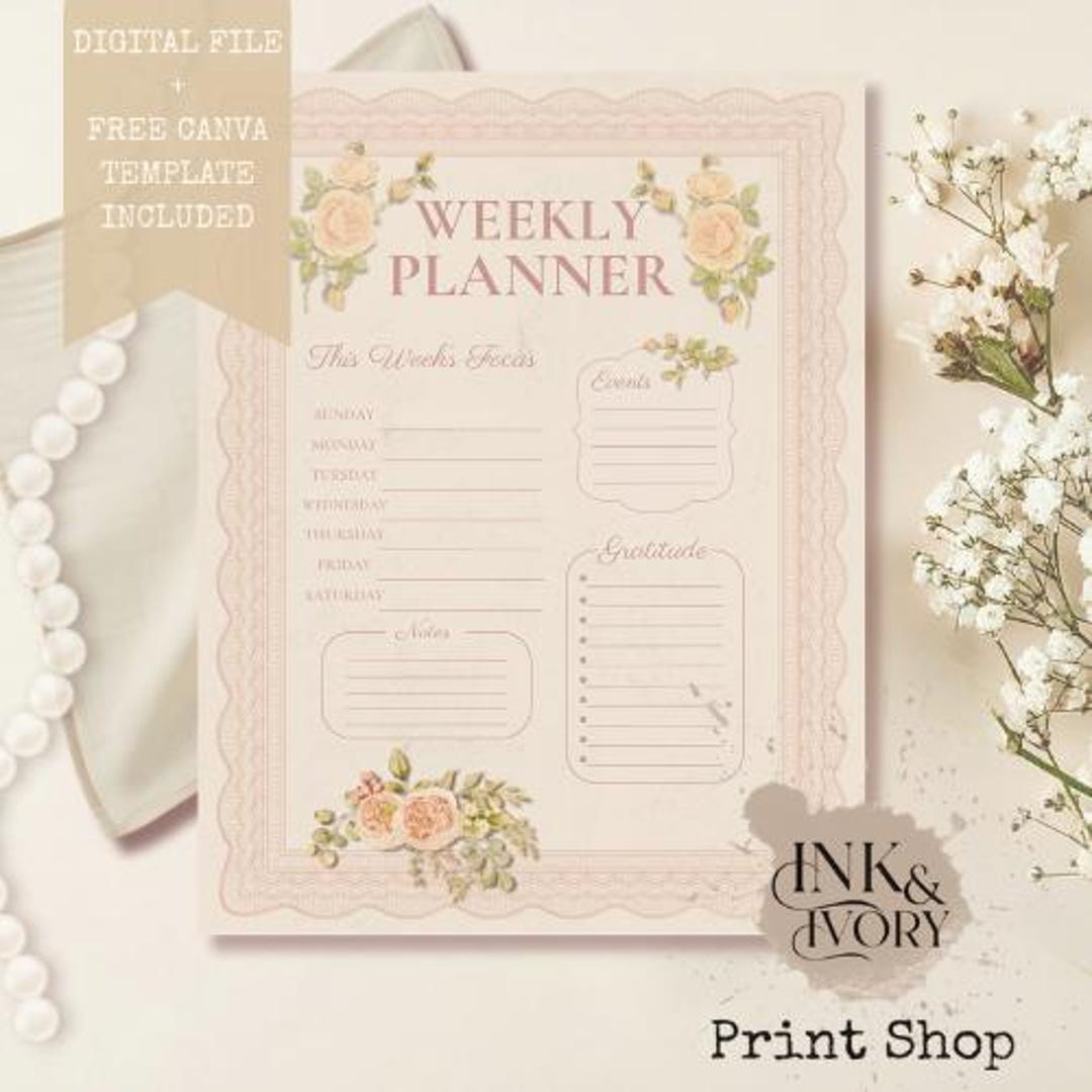 Coquette Weekly Planner Printable – Soft Floral Vintage, A4 A5 Letter ...