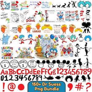 May include: A collection of Dr. Seuss-themed PNG graphics. Includes characters, quotes, and illustrations from various books, such as "The Cat in the Hat" and "The Lorax." Also features letters, numbers, and other design elements. The bundle is labeled "150+ Dr Suess Png Bundle."