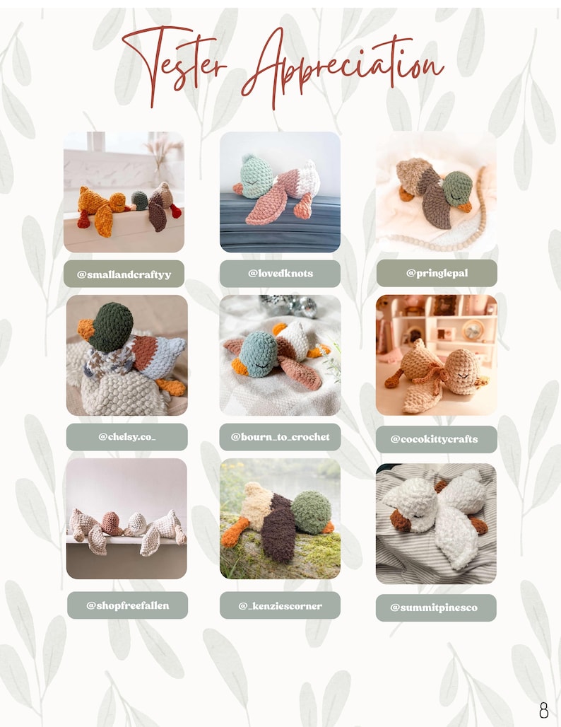 Puede incluir: Una p&aacute;gina con varios juguetes de pato de ganchillo hechos a mano en diferentes colores y estilos. El texto "Tester Appreciation" est&aacute; en la parte superior. Cada pato tiene un dise&ntilde;o &uacute;nico, con colores variados como naranja, verde y blanco. Tambi&eacute;n se incluyen identificadores de redes sociales.