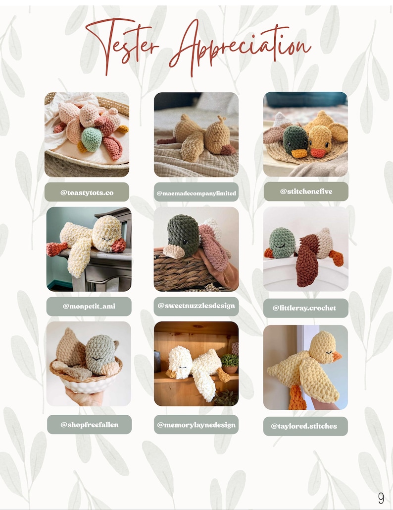 Puede incluir: Un collage de nueve im&aacute;genes que muestran varios juguetes de pato de ganchillo hechos a mano en diferentes colores y estilos. El texto "Tester Appreciation" est&aacute; en la parte superior. Cada imagen incluye el identificador de redes sociales del creador.