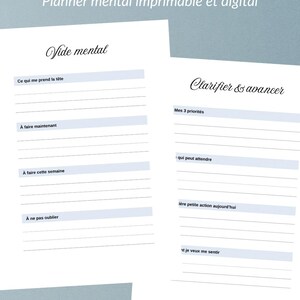 Peut inclure: Un planificateur de Brain Dump imprimable et numérique avec des sections pour la clarté mentale et la planification de l'action. Comprend des invites telles que "Ce qui me prend la tête" et "Mes 3 priorités".