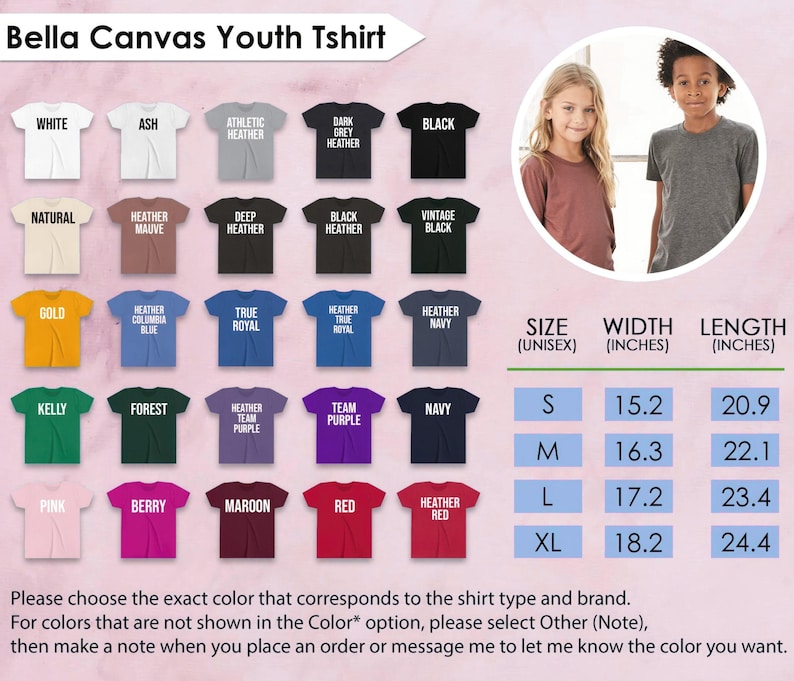 K&ouml;nnte beinhalten: Produktbild mit Bella Canvas Youth T-Shirts in verschiedenen Farben, darunter Wei&szlig;, Schwarz und Marineblau. Die Abbildung enth&auml;lt eine Gr&ouml;&szlig;entabelle mit Ma&szlig;en in Zoll und ein Foto von zwei Kindern, die die Shirts tragen.