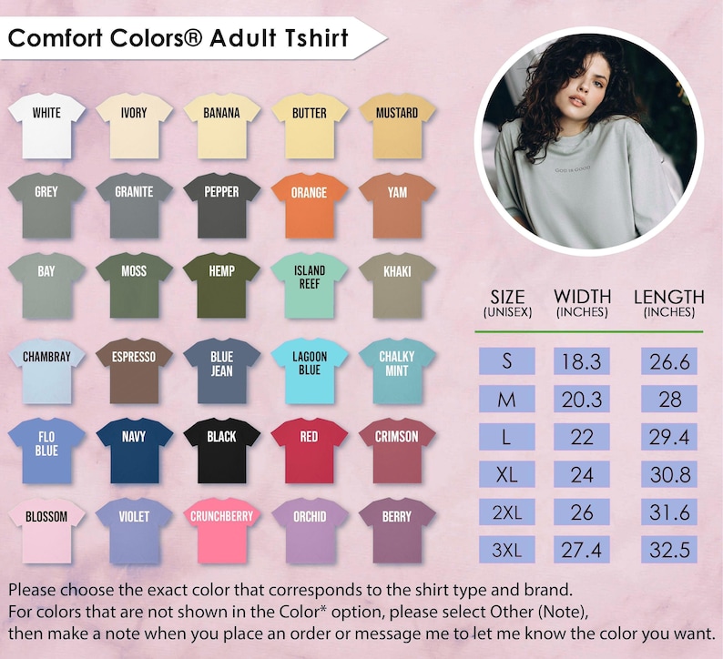 K&ouml;nnte beinhalten: Eine Comfort Colors Erwachsenen-T-Shirt-Farbtabelle mit Farben wie Wei&szlig;, Grau und Blau. Die Tabelle enth&auml;lt Gr&ouml;&szlig;enangaben in Zoll. Eine Frau tr&auml;gt ein hellgr&uuml;nes Shirt in einem kreisf&ouml;rmigen Bild.