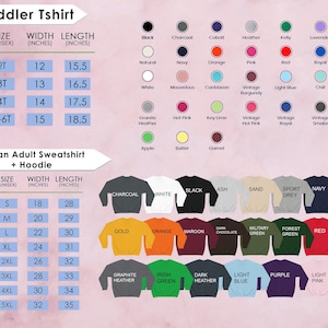 K&ouml;nnte beinhalten: Produktbild mit einer Gr&ouml;&szlig;entabelle f&uuml;r T-Shirts f&uuml;r Kleinkinder und Sweatshirts/Hoodies f&uuml;r Erwachsene. Die Tabelle enth&auml;lt Gr&ouml;&szlig;en-, Breiten- und L&auml;ngenmessungen in Zoll sowie eine Farbpalette mit verschiedenen Farbt&ouml;nen.