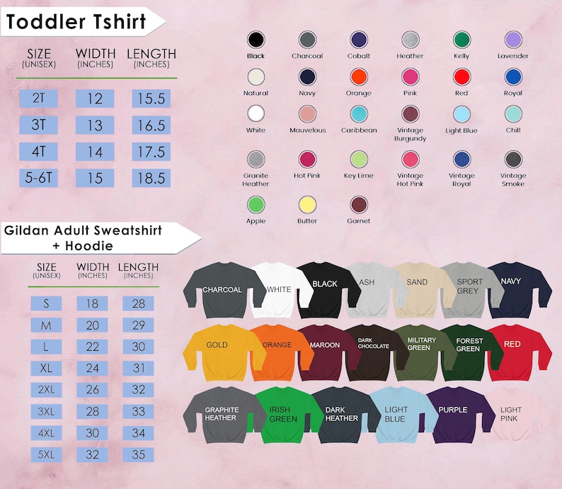 K&ouml;nnte beinhalten: Produktbild mit einer Gr&ouml;&szlig;entabelle f&uuml;r T-Shirts f&uuml;r Kleinkinder und Sweatshirts/Hoodies f&uuml;r Erwachsene. Die Tabelle enth&auml;lt Gr&ouml;&szlig;en-, Breiten- und L&auml;ngenmessungen in Zoll sowie eine Farbpalette mit verschiedenen Farbt&ouml;nen.