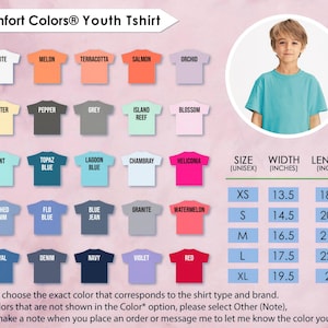 K&ouml;nnte beinhalten: Ein Comfort Colors Jugend-T-Shirt in verschiedenen Farben, darunter Wei&szlig;, Melon und Rot. Das Bild zeigt eine junge Person, die ein t&uuml;rkisfarbenes T-Shirt tr&auml;gt. Gr&ouml;&szlig;entabelle mit Breite und L&auml;nge in Zoll.