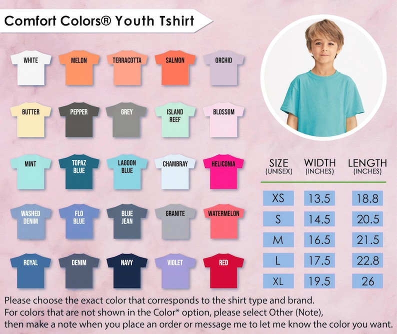 K&ouml;nnte beinhalten: Ein Comfort Colors Jugend-T-Shirt in verschiedenen Farben, darunter Wei&szlig;, Melon und Rot. Das Bild zeigt eine junge Person, die ein t&uuml;rkisfarbenes T-Shirt tr&auml;gt. Gr&ouml;&szlig;entabelle mit Breite und L&auml;nge in Zoll.