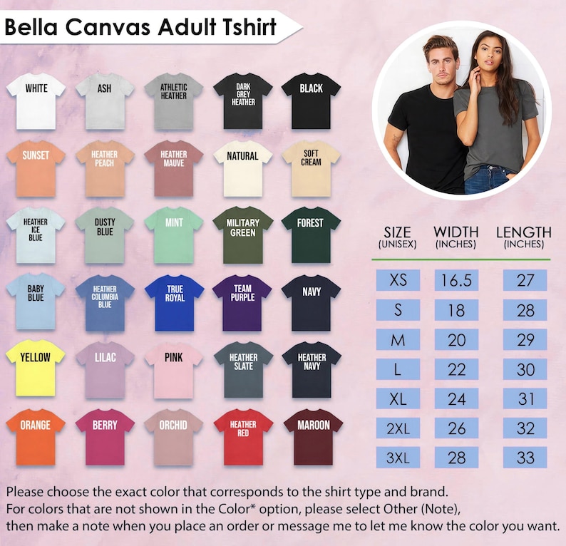 K&ouml;nnte beinhalten: Eine Farbkarte f&uuml;r Bella Canvas T-Shirts f&uuml;r Erwachsene mit verschiedenen Farben wie Wei&szlig;, Schwarz und Heather. Die Tabelle enth&auml;lt Gr&ouml;&szlig;en- und Ma&szlig;angaben in Zoll, mit Optionen von XS bis 3XL. Ein Paar tr&auml;gt die T-Shirts.