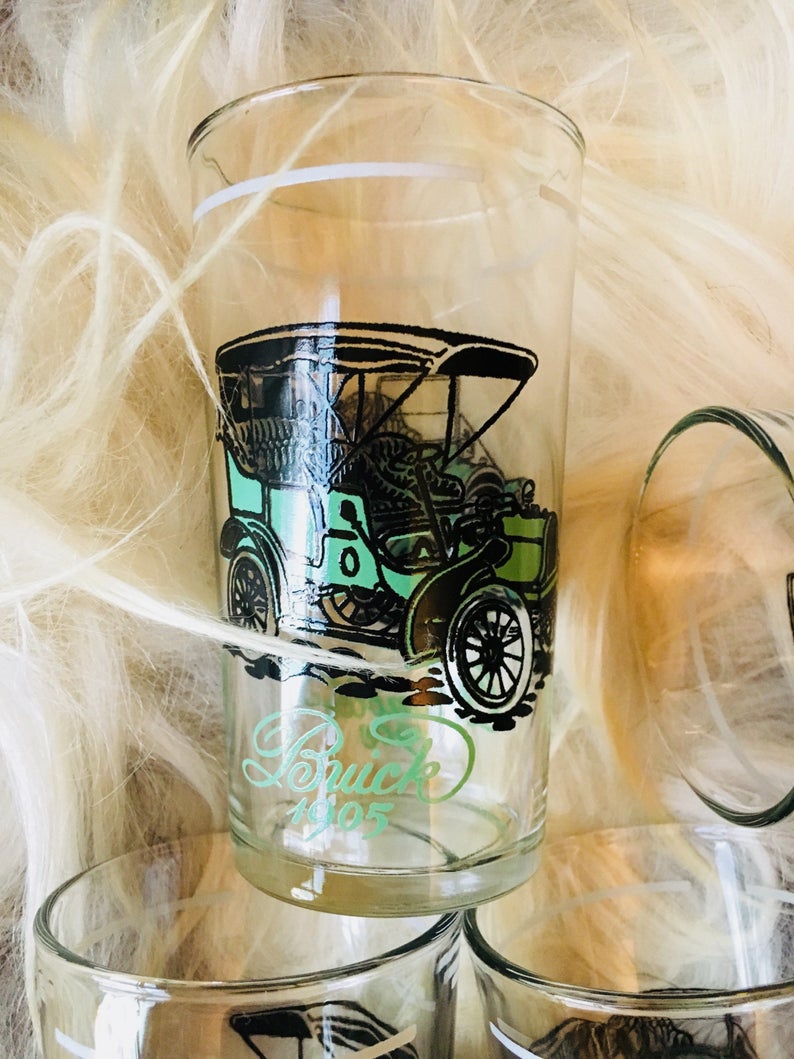 RARE 1905 Buick Retro Juice Glasses 1908 Rambler Mint Green Vintage Glasses Mint Condition