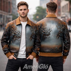 Men's Hand-Painted Leather Bomber Jacket: Autumn Tree Art Design, Streetwear Fall Style