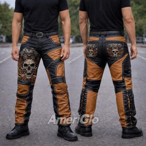 Men’s Leather Pants, Gothic Skull Biker Patchwork Pants, Studded Moto Trousers, Handmade Punk Rock Leather Jeans, Gothic Streetwear Pants