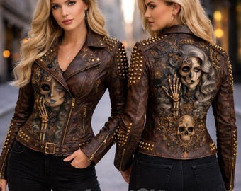 May include: Brown leather jacket with gold studs and a skull design. The jacket features a zipper closure, a belt, and a unique skull and skeleton hand graphic on the front and back. The text "AmeriGlo" is visible at the bottom.