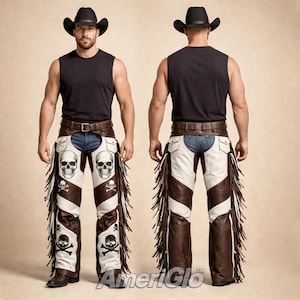 May include: Leather chaps with a skull and crossbones design. The chaps are white and brown with fringe along the sides. The chaps have a brown belt and are paired with a black sleeveless shirt and a black cowboy hat.