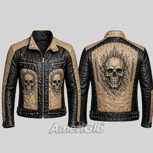Puede incluir: Chaqueta de cuero negra y marrón con gráficos de calaveras. La chaqueta tiene cremallera frontal, múltiples bolsillos y tachuelas metálicas. La parte trasera de la chaqueta muestra un gran diseño de calavera. Estilo biker.