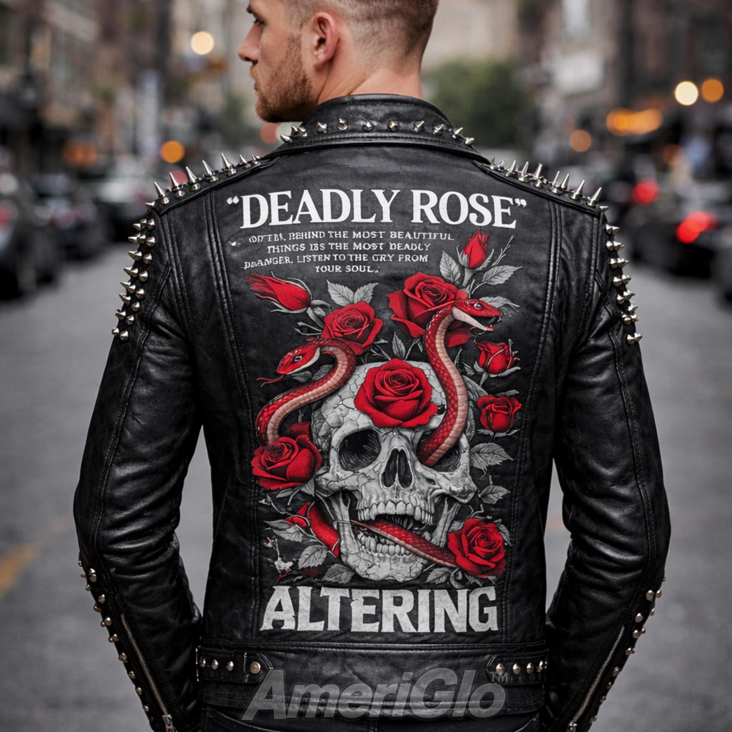 Studded Leather Jacket Skull Rose Snake Graphic Biker Punk Gothic