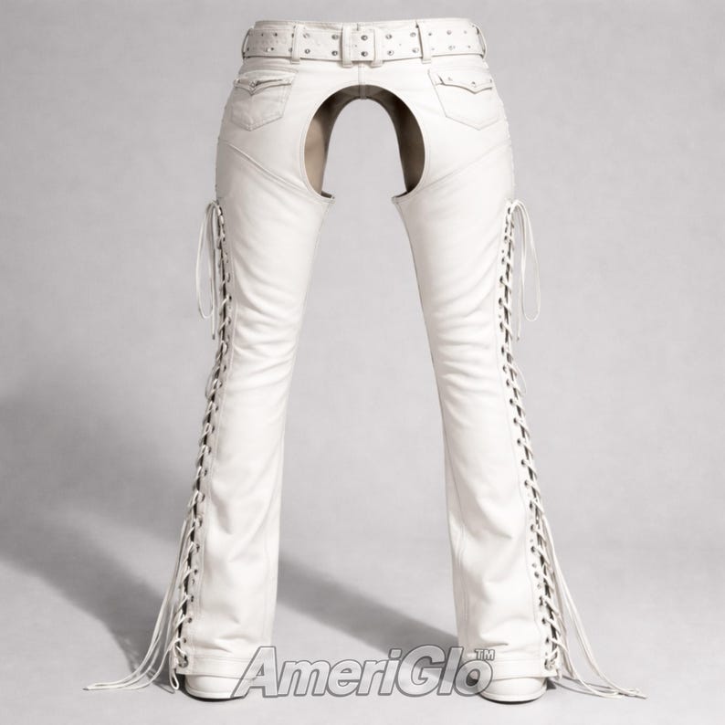 May include: White leather chaps with a belt, pockets, and lace-up sides. The chaps have a unique open back design. The AmeriGlo logo is visible at the bottom.