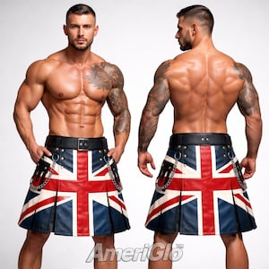 May include: A kilt featuring the Union Jack flag design in red, white, and blue. The kilt has a black leather belt with silver hardware and decorative chains. The kilt is pleated and has a traditional Scottish design.