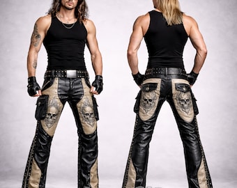 Men's Black Tan Leather Biker Pants – Skull Design, Studded Gothic Riding Trousers