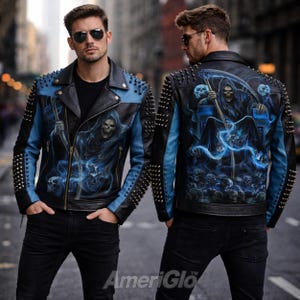 May include: Black leather jacket with blue detailing and a Grim Reaper design on the front and back. The jacket has silver studs on the shoulders and sleeves. The text "AmeriGlo" is visible on the bottom right.
