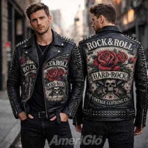 May include: Black leather jacket with silver studs and "ROCK & ROLL" and "HARD ROCK" graphics featuring roses and a skull. The jacket has a classic biker style with a belted waist and zipper details.