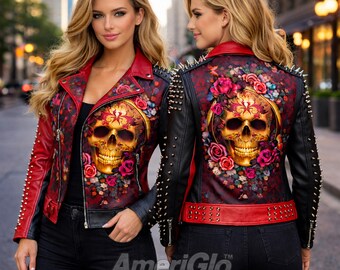 May include: A black and red leather jacket with a skull and floral design. The jacket features a red collar, cuffs, and studded accents. The back of the jacket displays a large skull surrounded by roses. The text "AmeriGlo" is visible.