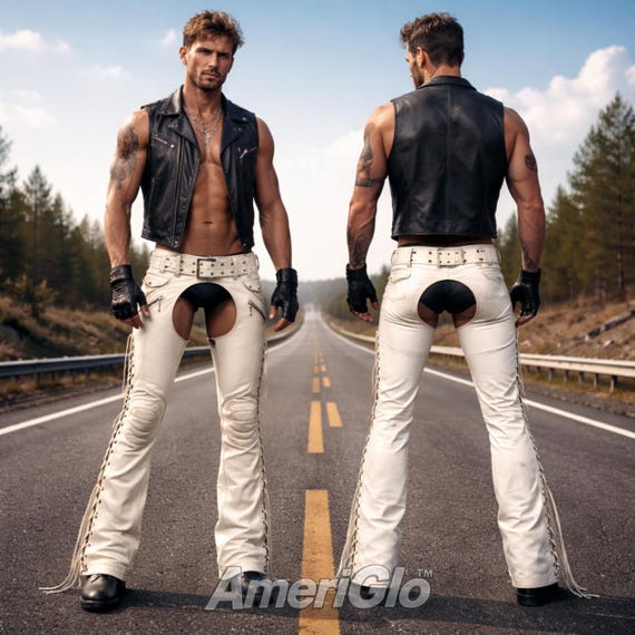 Men's White Leather Chaps Pants With Lace Up Sides – Biker Western Statement Wear