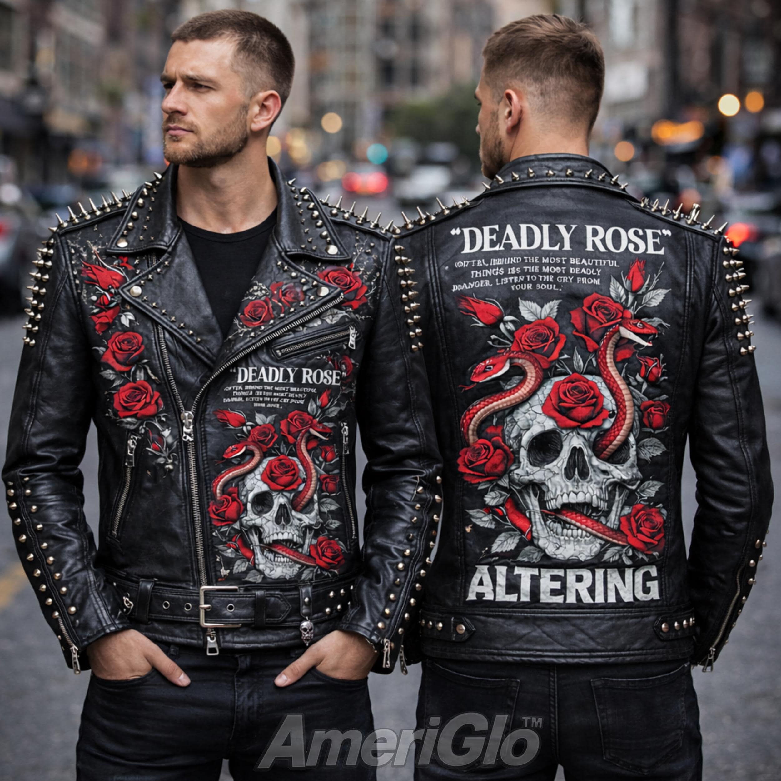 ジャケット・アウター COLLARS leather tracker jacket skull M Studded Leather Jacket Skull Rose Snake Graphic Biker Punk Gothic